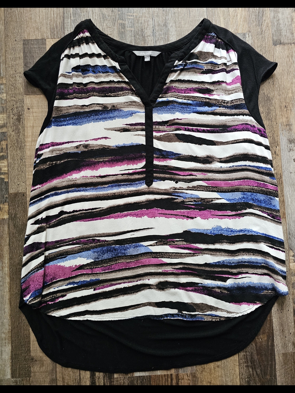 Daisy Fuentes Black Multicolor Striped V-Notch Cap Sleeve Top